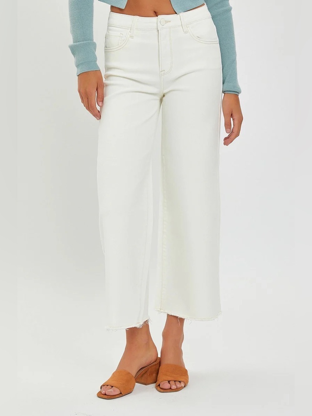 Women’s Wide Leg Cream Jeans with Raw Hem